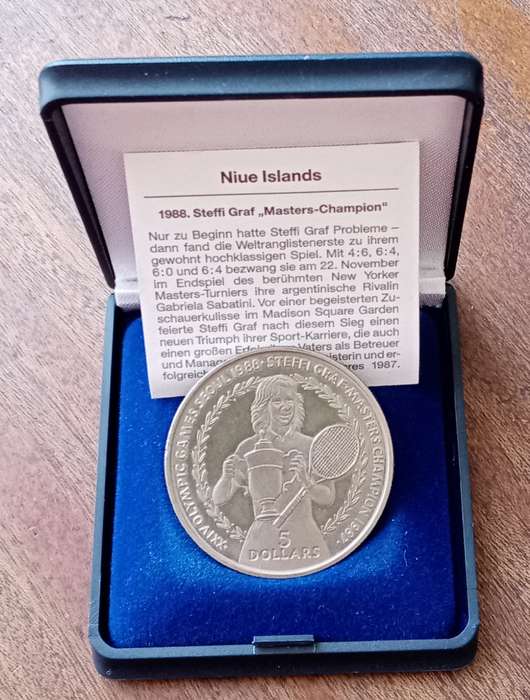 1988 Niue Islands uncirculated 5 Dollars in case incl.certificate (Steffi Graf)