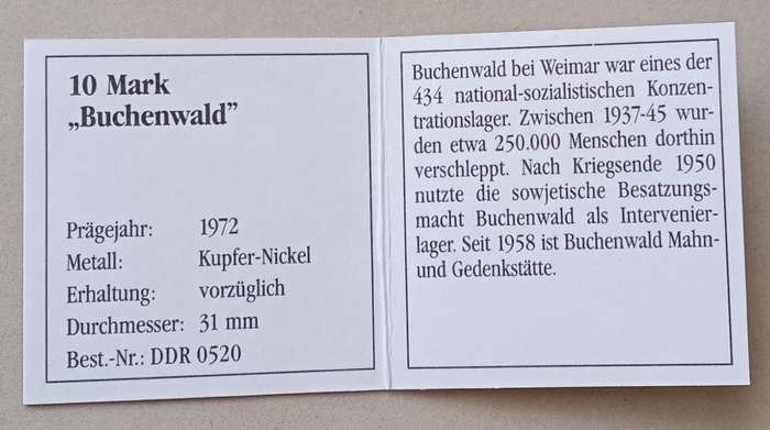1972 German 10 Mark with certificate (Buchenwald memorial)