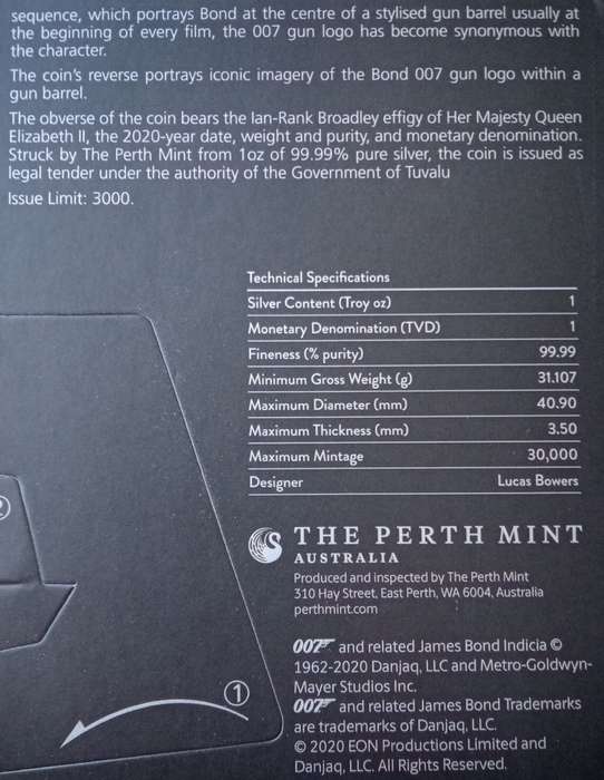 2020 Tuvalu brilliant uncirculated 1oz pure silver dollar (007 James Bond)