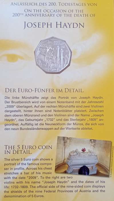 2009 Austria brilliant uncirculated silver 5 Euro in blister pack (Joseph Haydn)