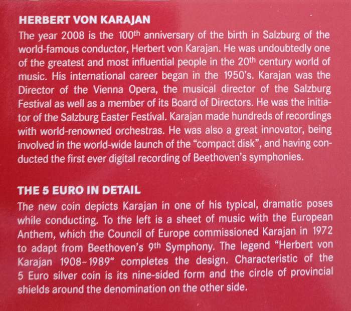 2008 Austria brilliant uncirculated silver 5 Euro in blister pack (Herbert Von Karajan)