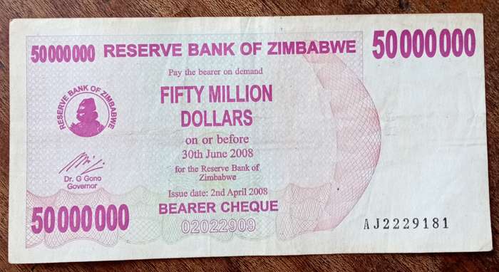 2008 Zimbabwe 50 Million dollars bearer cheque