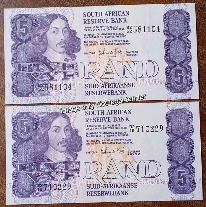 Set of 2 GPC de Kock 1980s R5 notes in good condition