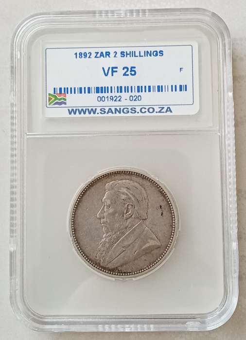 Scarcer 1892 ZAR Kruger silver 2 Shillings SANGS VF25