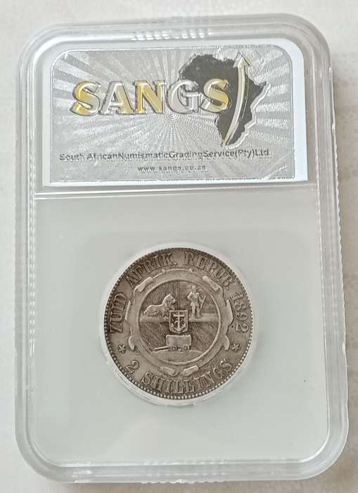 Scarcer 1892 ZAR Kruger silver 2 Shillings SANGS VF25