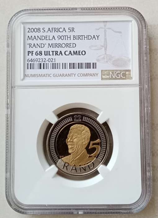 2008 Mandela 90th bday proof R5 NGC PF68 UC (Rand Mirrored)