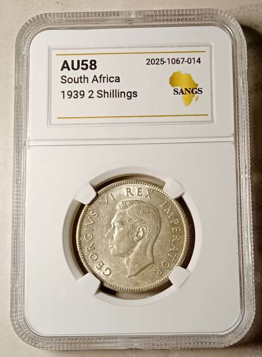 High grade 1939 union silver 2 Shillings SANGS AU58