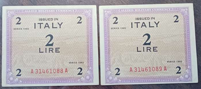 1943 WW2 Italy 2 Lire note set in sequence (Allied Military Currency)