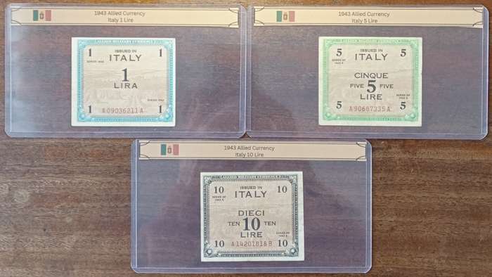 1943 WW2 Italy 1/5/10 Lire note set in plasic sleeve (Allied Military Currency)