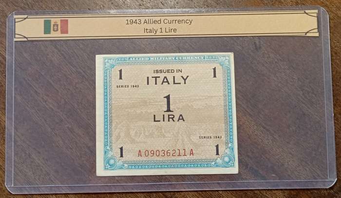 1943 WW2 Italy 1/5/10 Lire note set in plasic sleeve (Allied Military Currency)