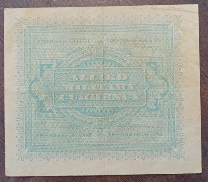 1943 WW2 Italy 1/5/10 Lire note set in plasic sleeve (Allied Military Currency)