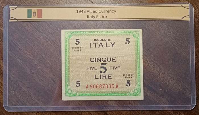 1943 WW2 Italy 1/5/10 Lire note set in plasic sleeve (Allied Military Currency)