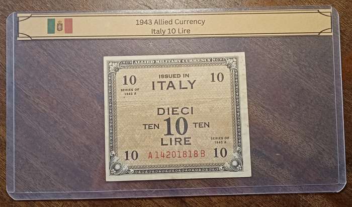 1943 WW2 Italy 1/5/10 Lire note set in plasic sleeve (Allied Military Currency)