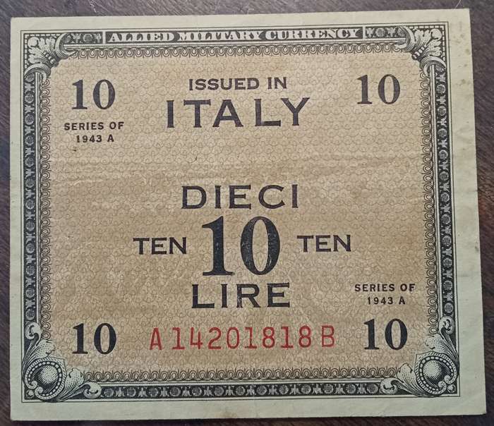 1943 WW2 Italy 1/5/10 Lire note set in plasic sleeve (Allied Military Currency)