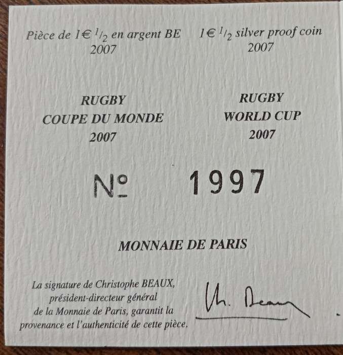 Scarcer 2007 France proof silver 1 1/2 Euro in box incl. certificate (Rugby World Cup)