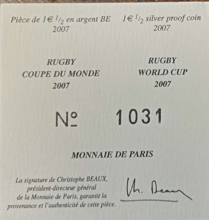 2007 France proof silver 1 1/2 Euro in box incl certificate (Rugby World Cup) - low mintage