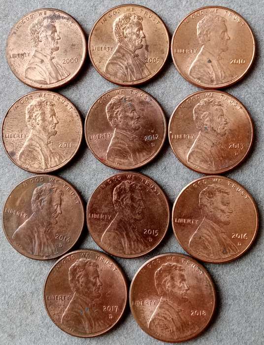 Lot of x11 Lincoln 1c coins (2000-2018)