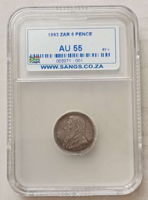 1893 ZAR Kruger silver sixpence SANGS AU55 (lower mintage)