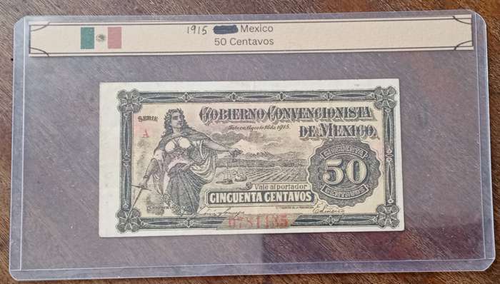 Decent 1915 WW1 Mexico 50 Centavos note in hard plastic sleeve
