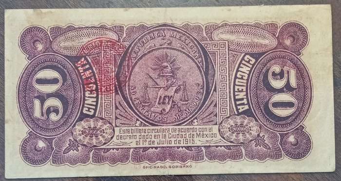 Decent 1915 WW1 Mexico 50 Centavos note in hard plastic sleeve
