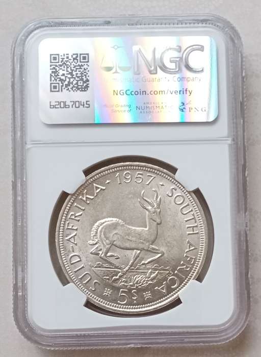 1957 Union silver 5 Shillings NGC graded MS62.