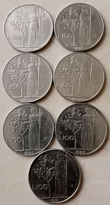Lot of x7 Italy 100 Lire coins (1956-1981)