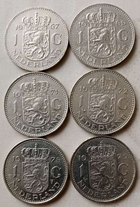 Lot of x6 Netherlands 1 Gulden coins