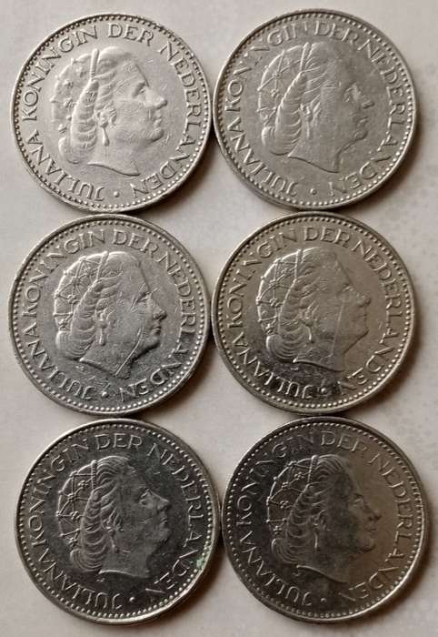 Lot of x6 Netherlands 1 Gulden coins