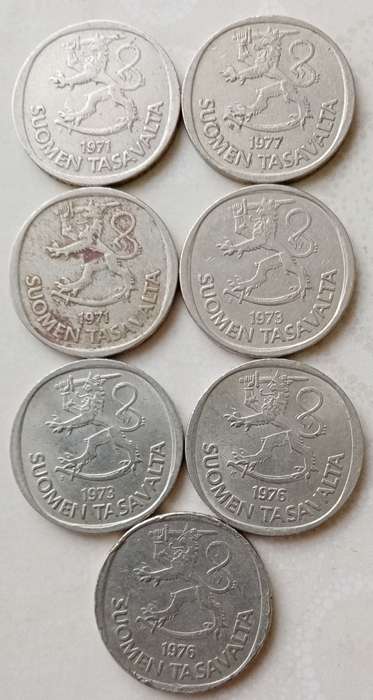 Lot of x7 Finland 1 Markka coins (1971-1977)