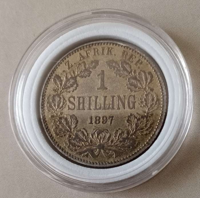 Encapsulated 1897 ZAR Kruger silver shilling in vf+