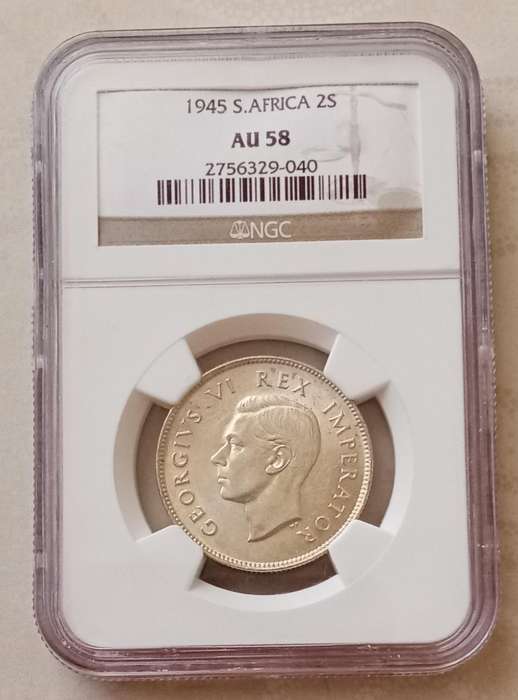 Higher grade 1945 Union silver 2 Shillings NGC AU58