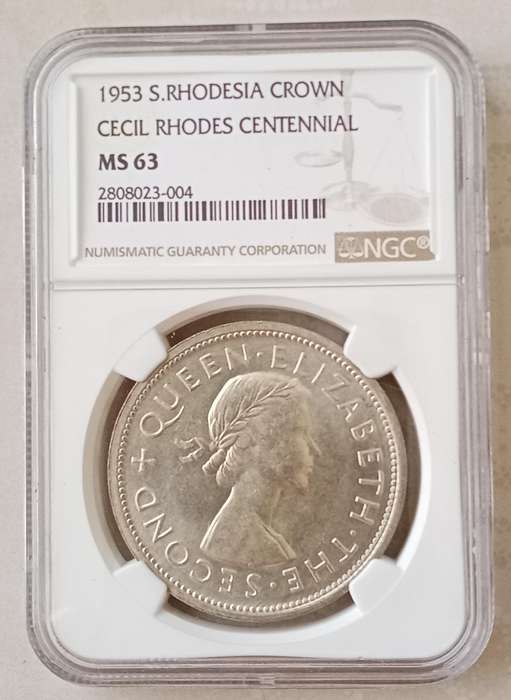 1953 Southern Rhodesia silver crown (Rhodes Centennial) NGC MS63.