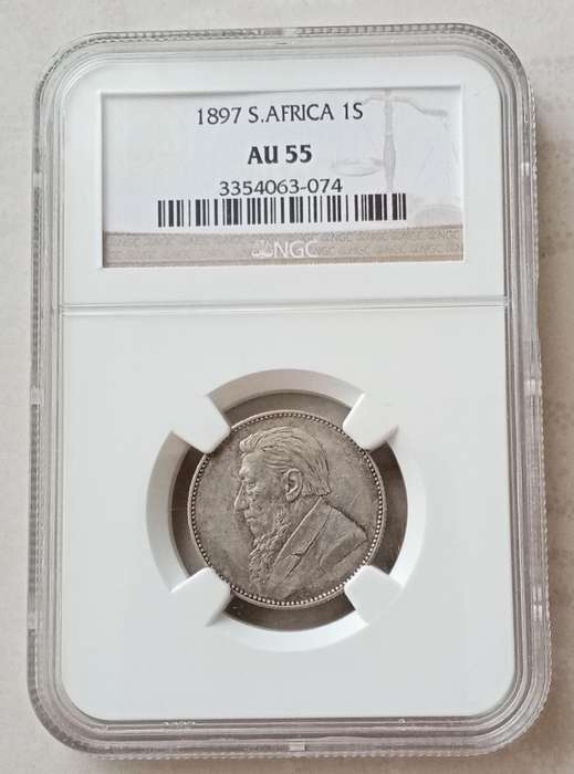Higer grade 1897 ZAR Kruger silver shilling NGC AU55
