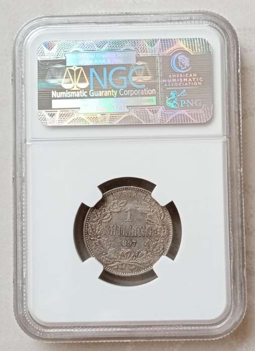Higer grade 1897 ZAR Kruger silver shilling NGC AU55