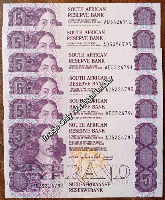Lot of x6 GPC de Kock 1989 consecutive R5 notes in AU+/Unc