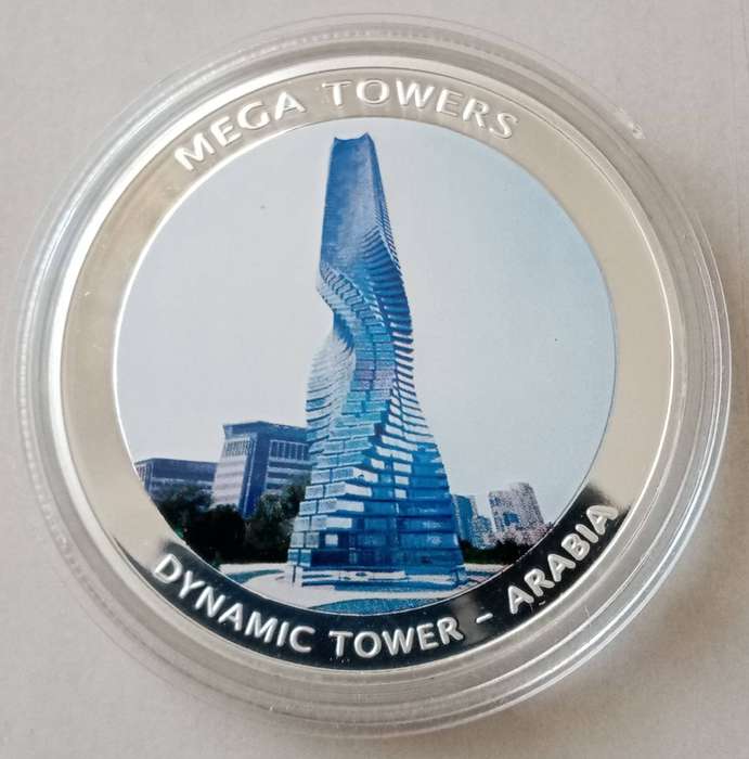 2010 Mozambique -Dynamic Tower- Arabia silver plated proof medal (Mega Towers) 50mm