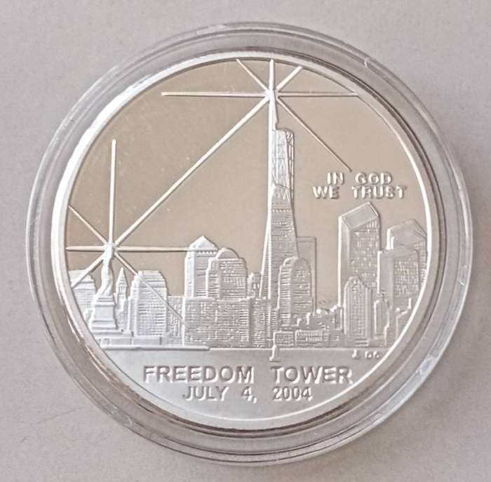 Encapsulated 2004 Northern Mariana Islands clad proof dollar in box (WTC & Freedom Tower)