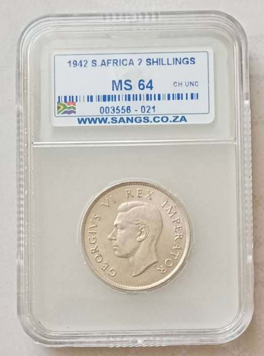 1942 Union silver 2 Shillings SANGS MS64 with reverse die cracks
