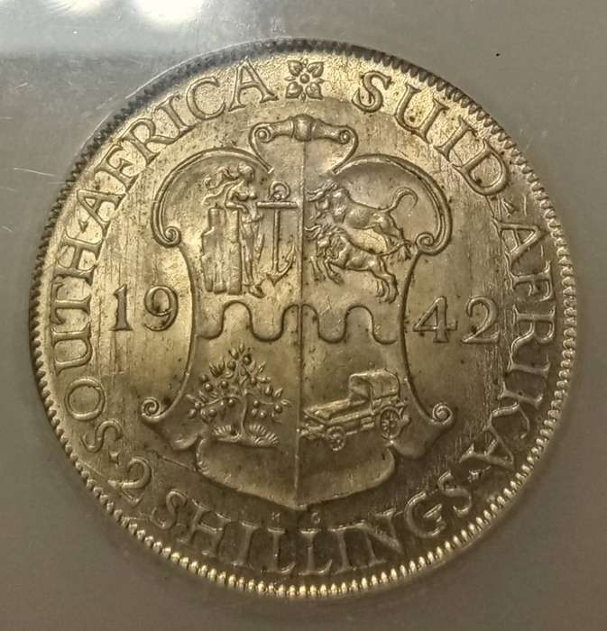 1942 Union silver 2 Shillings SANGS MS64 with reverse die cracks
