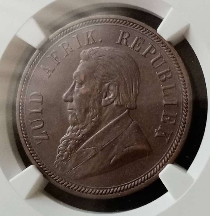 Nice 1898 ZAR Kruger penny NGC AU50 BN