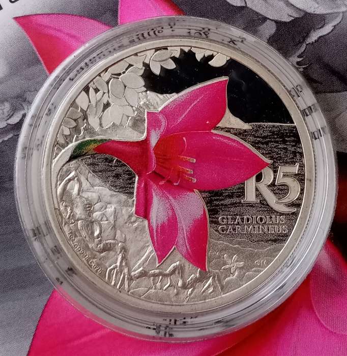 2016 Kogelberg Biosphere Reserve proof 1oz silver coloured R5 (Hermanus Cliff Gladiolus)