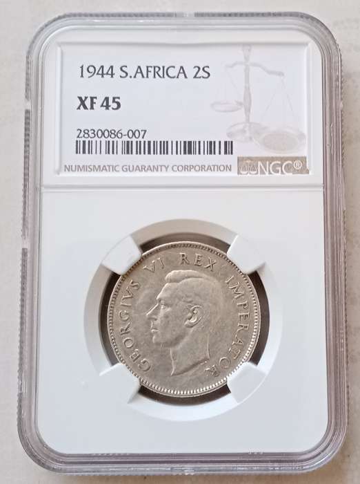 Nice 1944 union silver 2 Shillings NGC XF45