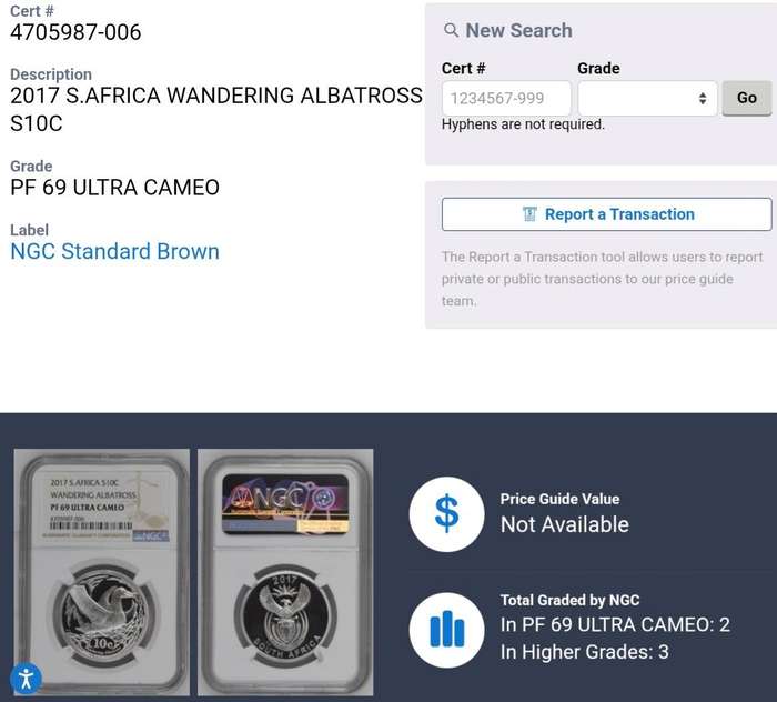 2017 Wandering Albatross proof 1/2oz silver 10c NGC PF69 Ultra Cameo (Pop 2) mintage: 232