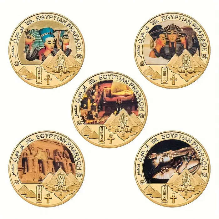 5 Piece Egyptian Pharaoh gilded novelty coin set in box with certificate (40mm)