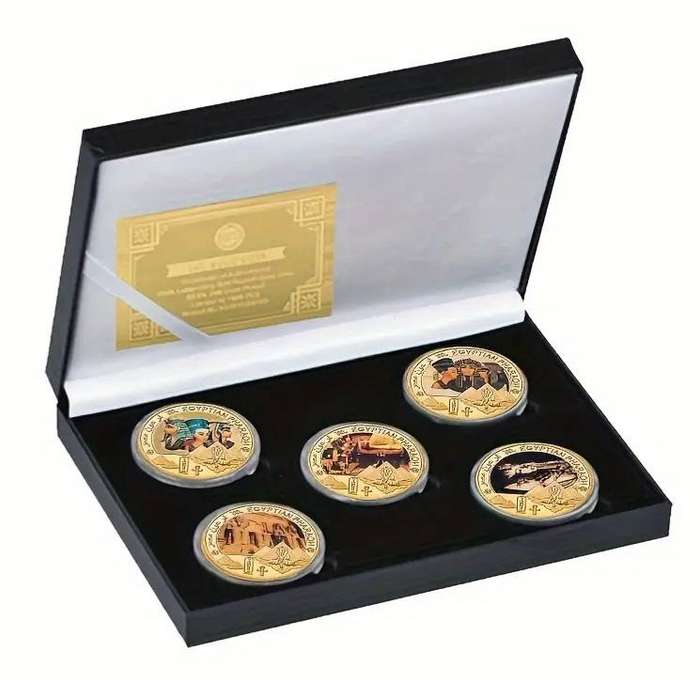 5 Piece Egyptian Pharaoh gilded novelty coin set in box with certificate (40mm)