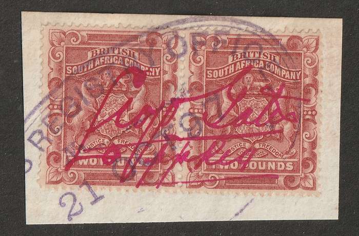 RHODESIA BSAC- REVENUE 1892  Arms Issue  2 Pounds red, superb pair on piece.