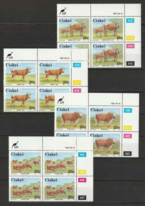 CISKEI -  1987  4 Complete sets in control blocks of 4 **MNH**