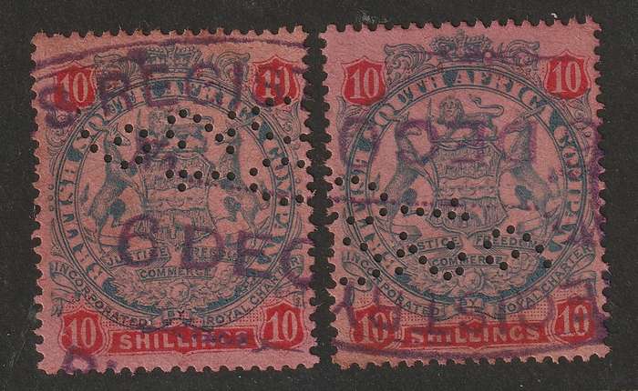 BSAC - RHODESIA Large Arms Issue  1896  DIE II  2 x 10s fiscally used (Date perfinned)