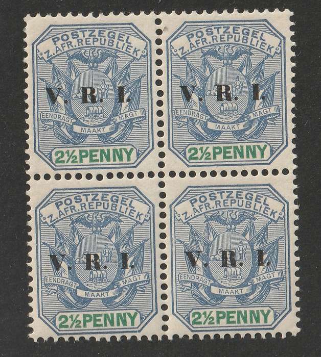 TRANSVAAL - 1900  2&1/2d dull blue and green overprinted VRI, block of four **UM**