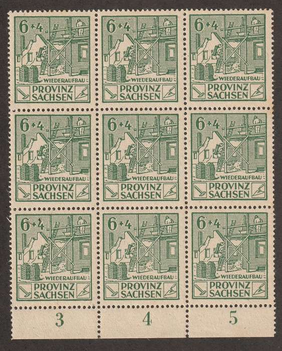 GERMANY - ALLIED OCCUPATION RUSSIAN ZONE "Saxony" 1946 6pfg green marginal block of 9 **UM**